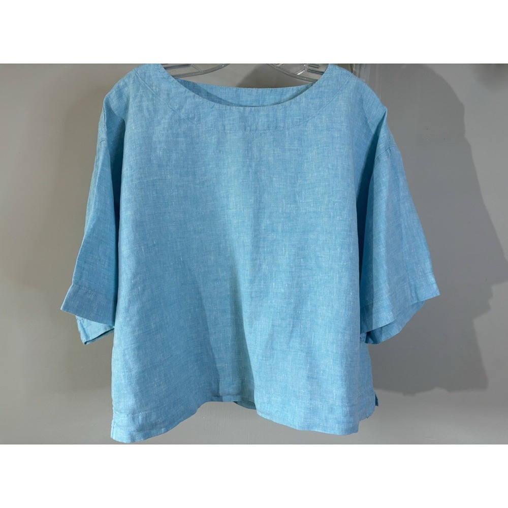 PURE J JILL Aqua Linen Boxy Short Sleeve Shirt XS Beach Lagenlook Minimalist